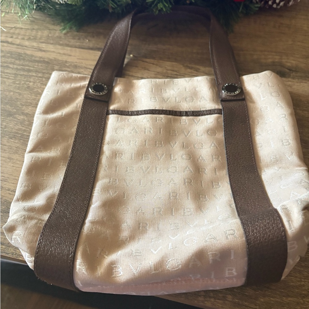 Bulgari Cream and Brown Tote Bag